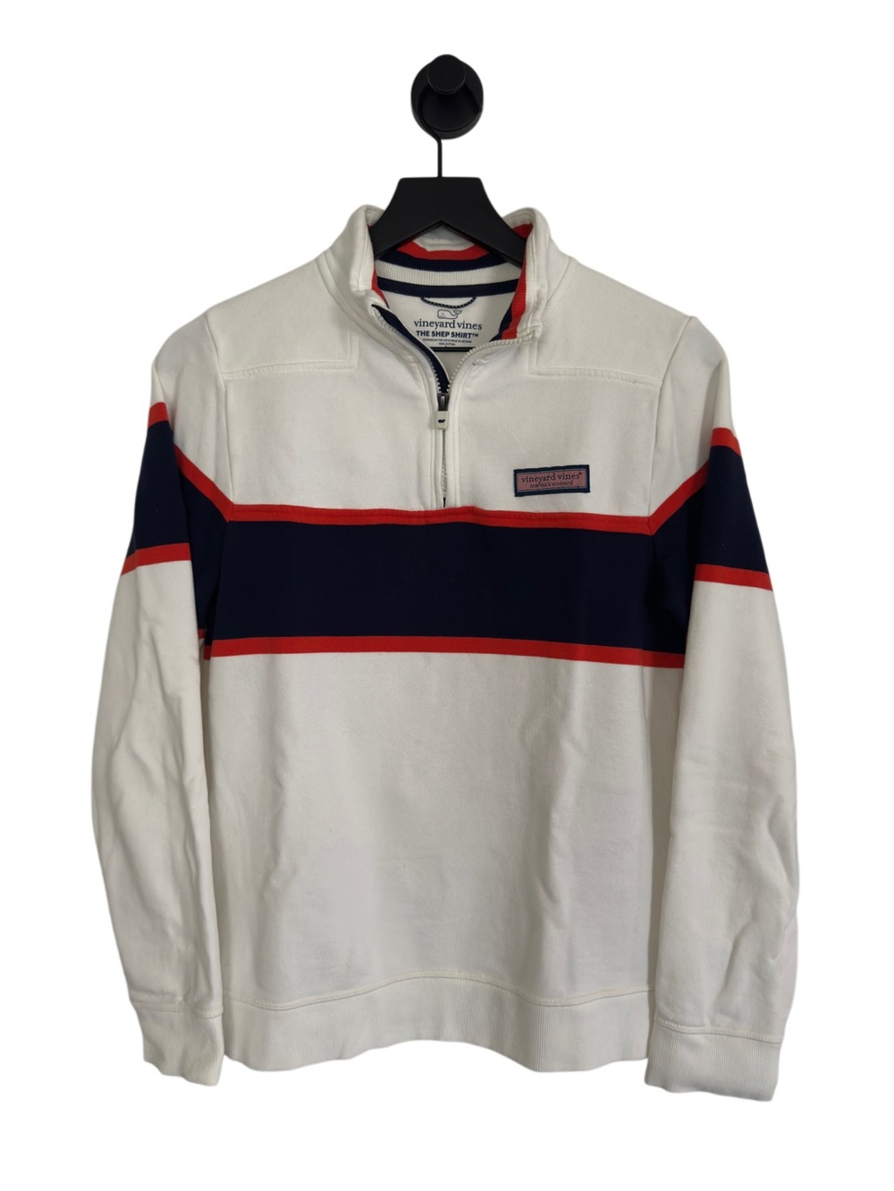 Vineyard Vines Boy’s White Quarter Zip with Navy & Orange Stripes